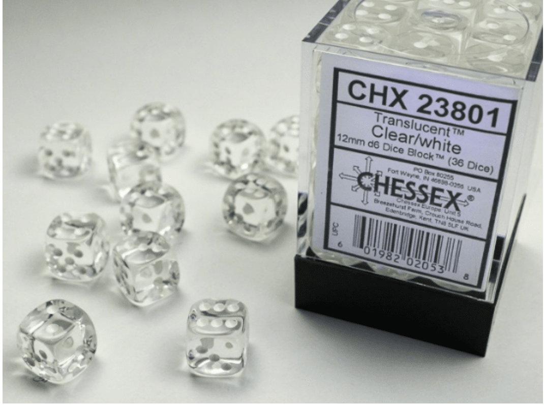 Dados Chessex Dice Block™ – 36 Dados D6 (12 mm) Translúcidos con Puntos Blancos Accesorio para juego de cartas DECKMEX