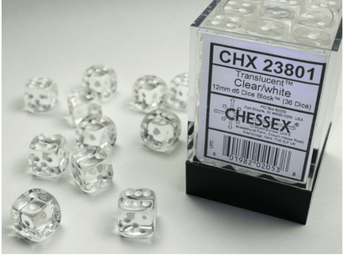 Dados Chessex Dice Block™ – 36 Dados D6 (12 mm) Translúcidos con Puntos Blancos Accesorio para juego de cartas DECKMEX 